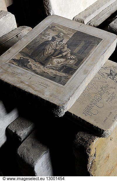 France  Vosges  Epinal  Cite de l'Image  Imagerie d'Epinal (Epinal Prints)  more than a 10 000 stones used for lithography are being classified in the stone cellar