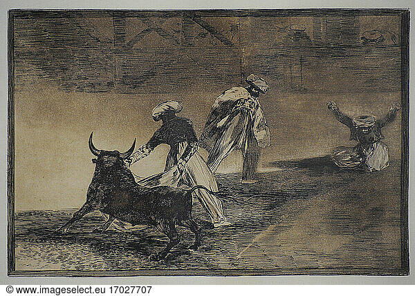 Francisco de Goya y Lucientes (1746-1828). Spanish painter. La Tauromaquia (Bullfighting). The bullfighter weathered another locked up (El torero capeo otro encerrado). Number 4. Etching. San Fernando Royal Academy of Fine Arts. Madrid. Spain.