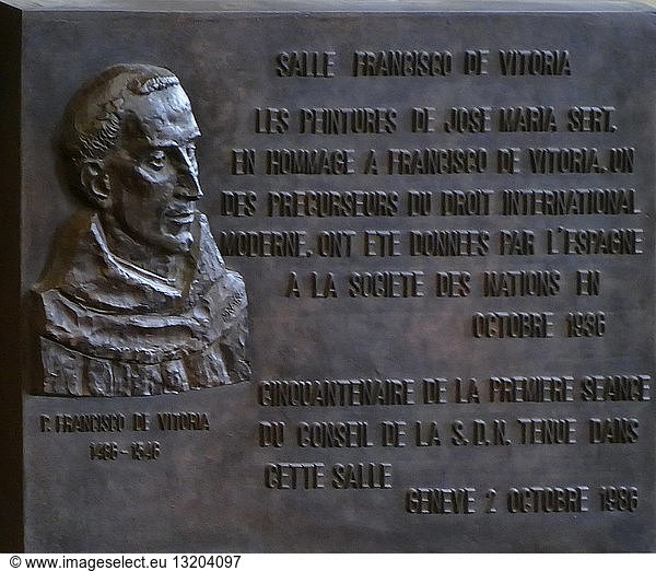 Francisco de Vitoria plaque outside the Hall named after him at the UN  In Geneva.