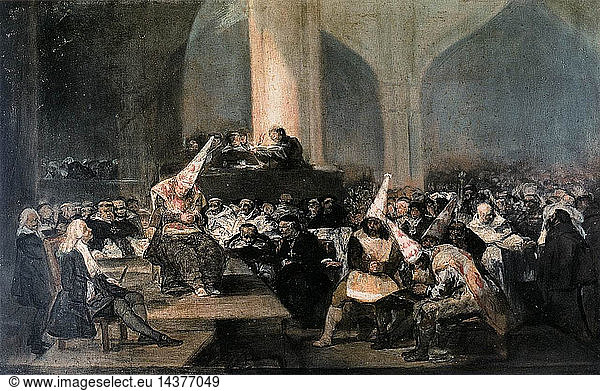 Francisco Jose de Goya y Lucientes  (30 March 1746 – 16 April 1828) was a Spanish romantic painter " The Tribunal" The Inquisition Tribunal or The Inquisition Auto de fe  painted between 1812 and 1819. It shows an Auto de fe  or accusation of heretics  by the tribunal of the Spanish Inquisition