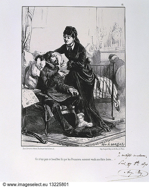 Franco-Prussian War 1870-1871: A wounded soldier being nursed and nourished. From a series of lithographs by Clement August Andrieux on the Gardes Nationales.