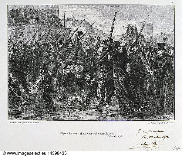 Franco-Prussian War 1870-1871: Battle of Buzenval (Mount Valerien) near Versailles 19 Jan 1871. Garde National marching to the battle and defeat. From a series of lithographs by Clement August Andrieux on the Gardes Nationales.