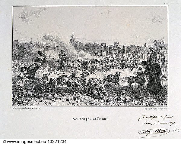 Franco-Prussian War 1870-1871: Driving away a flock of sheep to deny them falling into the hands of the Prussians. From a series of lithographs by Clement August Andrieux on the Gardes Nationales.