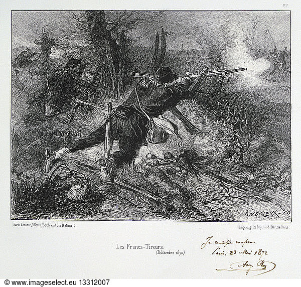 Franco-Prussian War 1870-1871: French riflemen. From a series of lithographs by Clement August Andrieux on the Gardes Nationales.