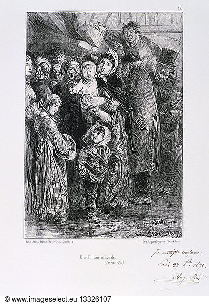 Franco-Prussian War 1870-1871. Siege of Paris 19 Sept 1870-28 Jan 1871. A national soup kitchen in Paris  January 1871. From a series of lithographs by Clement August Andrieux on the Gardes Nationales. Food Shortage Hunger