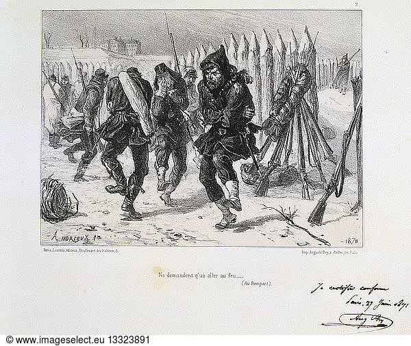Franco-Prussian War 1870-1871. Siege of Paris 19 Sept 1870-28 Jan 1871. Soldiers on the ramparts jumping about to keep warm. From a series of lithographs by Clement August Andrieux on the Gardes Nationales.