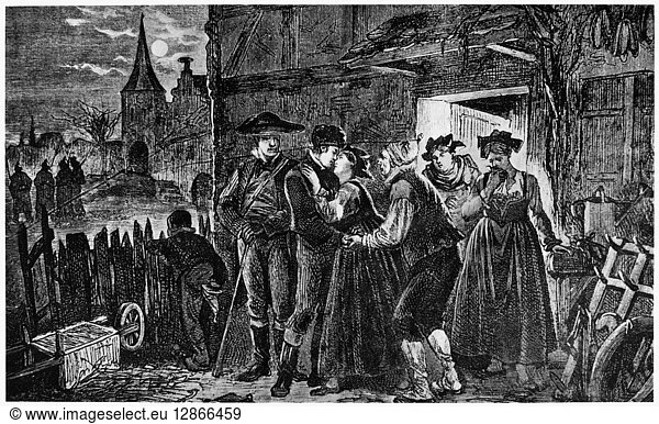 FRANCO-PRUSSIAN WAR  1871. Young Alsatian soldiers prepare to flee their villages in the night to avoid serving in the German army  following the German annexation of Alsace and Lorraine after the Franco-Prussian War  1871. Wood engraving  1874.