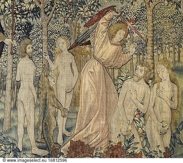 Frankreich  Aude  Narbonne  Schatzkammer der Kathedrale St Just et St Sauveur  Wandteppich der Schöpfung (15. Jh.)  Adam und Eva aus dem Paradies vertrieben.