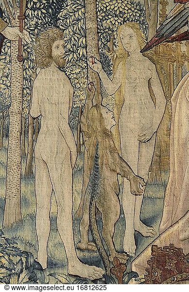 Frankreich  Aude  Narbonne  Schatzkammer der Kathedrale St Just et St Sauveur  Wandteppich der Schöpfung (15. Jh.)  Adam und Eva essen die verbotene Frucht.