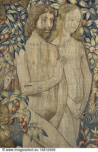 Frankreich  Aude  Narbonne  Schatzkammer der Kathedrale St Just et St Sauveur  Wandteppich der Schöpfung (15. Jh.)  Adam und Eva im Paradies.