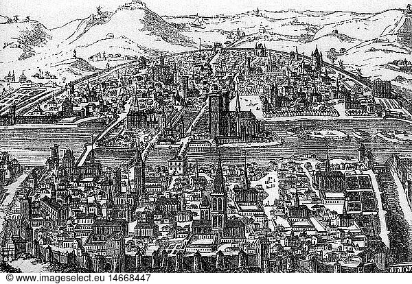 Frankreich hist.  StÃ¤dte  Paris  Stadtansicht  Blick Ã¼ber die Stadt  nach Holzschnitt  1607
