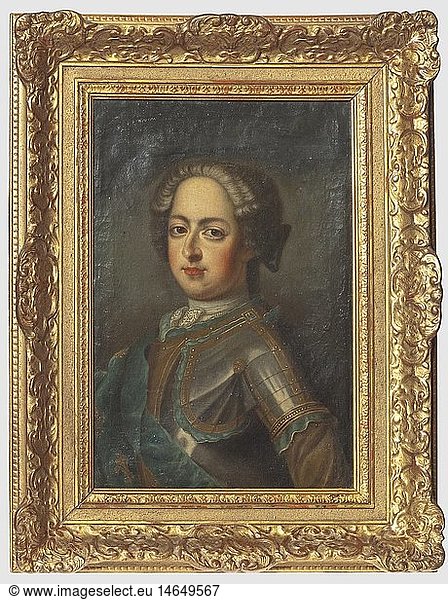 FRANKREICH 18. JAHRHUNDERT  Barockportrait eines Adeligen  Frankreich um 1740 Ã–l auf Leinwand (nicht doubliert)  alter Rahmen. Fein gemaltes mÃ¤nnliches Brustbild mit PerÃ¼cke  Harnisch  blauer SchÃ¤rpe und goldenen Bourbonenlilien  leichtes KrakelÃ©e. Unsigniert  rs. Siegel eines adeligen Vorbesitzers des 18. Jhdts. Vergoldeter Rahmen mit plastischem Ranken- und Netzdekor  Altersspuren. BildmaÃŸe 46 x 31 cm  RahmenmaÃŸe 66 x 51 cm