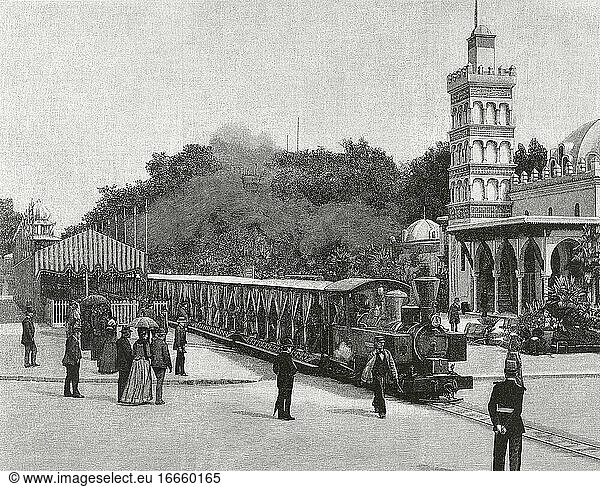 Frankreich. Paris. Weltausstellung von 1889. Decauville-Eisenbahnzug auf dem Abfahrtsbahnhof. Esplanade des Invalides. Kupferstich  1889.
