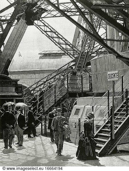 Frankreich. Paris. Weltausstellung von 1889. Eiffelturm. Innenansicht. Kupferstich von Rico. La Ilustracion Espanola y Americana .