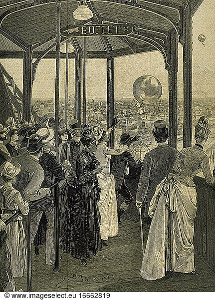 Frankreich. Paris. Weltausstellung von 1889. Start von Postballons von der zweiten Plattform des Eiffelturms. Kupferstich.