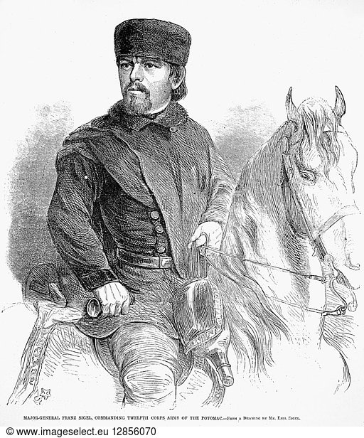FRANZ SIGEL (1824-1902). American (German-born) soldier and editor. Major General Sigel commanding the Twelfth Corps of the Army of the Potomac during the Civil War. Wood engraving  American  1862.