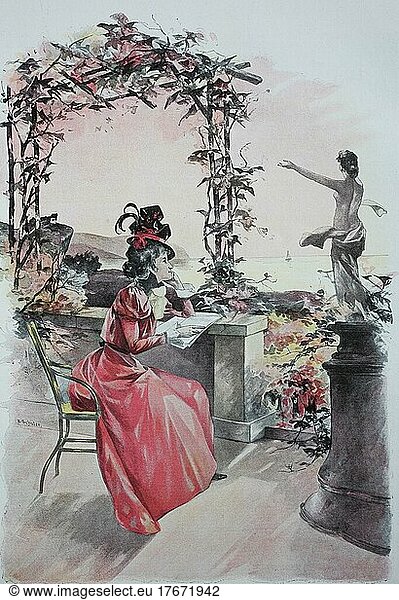 Frau auf dem Sommerurlaub  auf einer Terrasse über dem Meer  Reproduktion einer Originalvorlage aus dem 19. Jahrhundert  digital verbessert