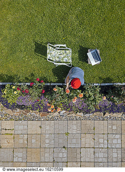 Frau bei der Gartenarbeit im Garten