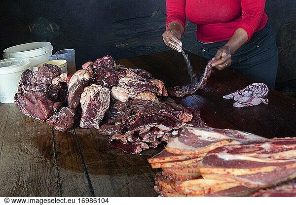 Frau beim Einsalzen von Fleisch für Shisenyama (Grill)  Johannesburg  Südafrika