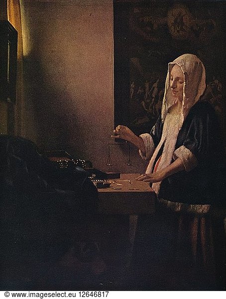 Frau  die eine Waage hält  um 1664. Künstler: Jan Vermeer.