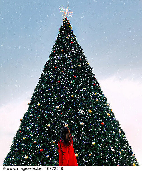 Frau fotografiert Weihnachtsbaum unter dem Schnee