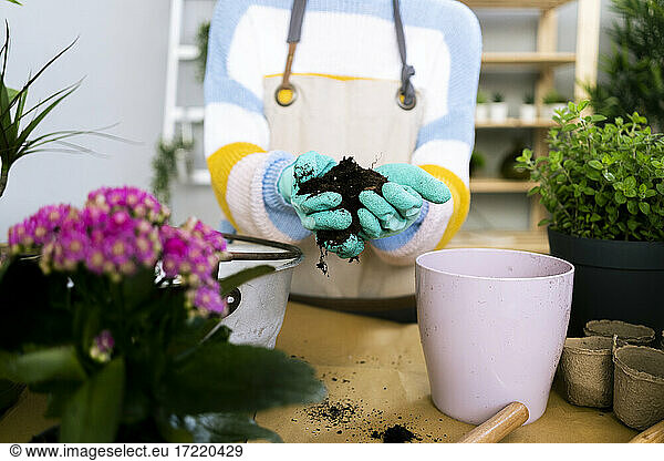 Frau hält Dünger am Blumentopf in der Werkstatt