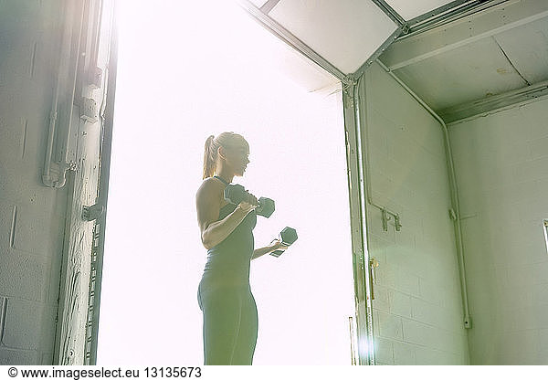 Frau hebt Hanteln beim Training in hell erleuchteter Turnhalle