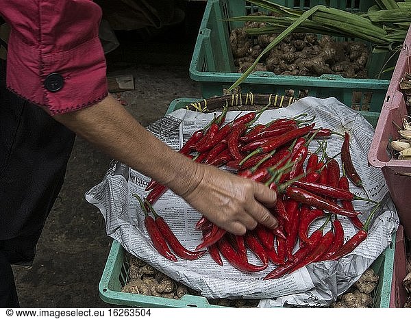 Frau kauft rote Chilischoten auf einem Markt in Jakarta  Indonesien.