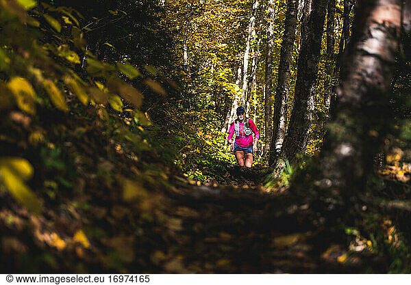 Frau läuft durch den Wald in den Weißen Bergen