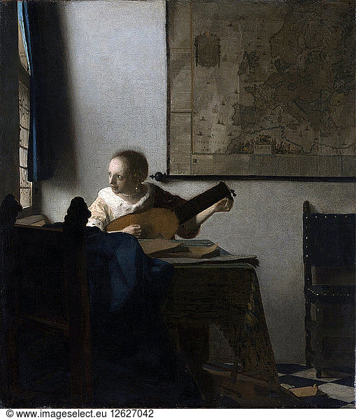 Frau mit einer Laute. Künstler: Vermeer  Jan (Johannes) (1632-1675)