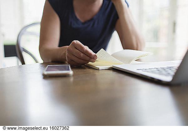 Frau mit Notebook arbeitet von zu Hause am Laptop