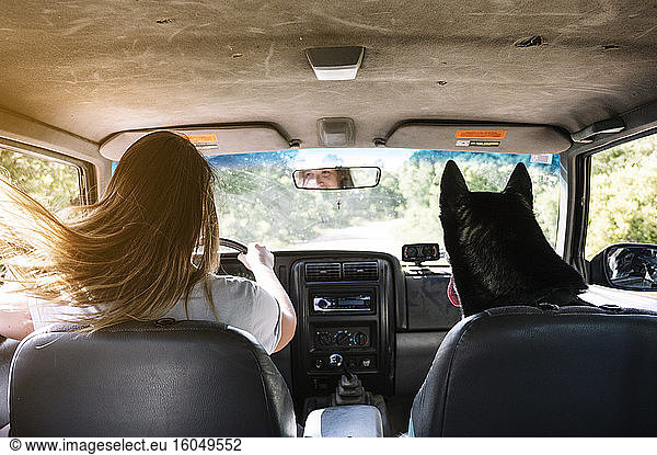 Frau mit zerzaustem langem blondem Haar fährt mit Husky auf Road Trip