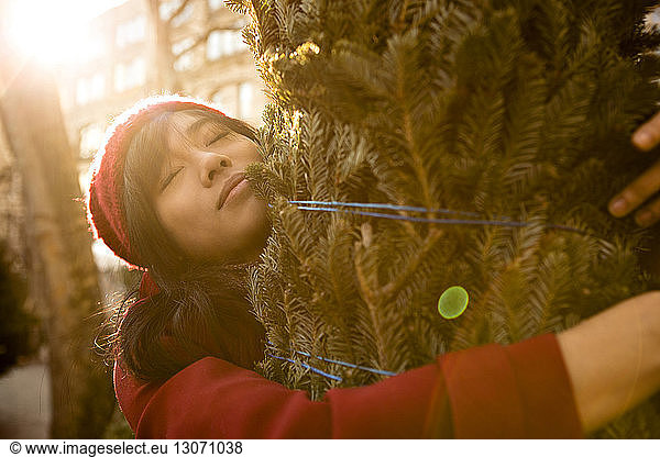 Frau umarmt gefesselten Weihnachtsbaum