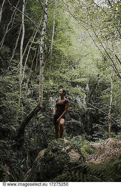 Frau umgeben von grünen Bäumen erforscht Wald