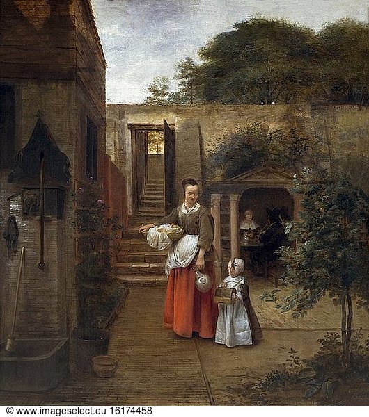 Frau und Kind in einem Innenhof  Pieter de Hooch  um 1660  National Gallery of Art  Washington DC  USA  Nordamerika.