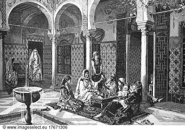 Frauen bei der Kartenlegerin in einem arabischen Haus  Arabien  Historisch  digitale Reproduktion einer Originalvorlage aus dem 19. Jahrhundert