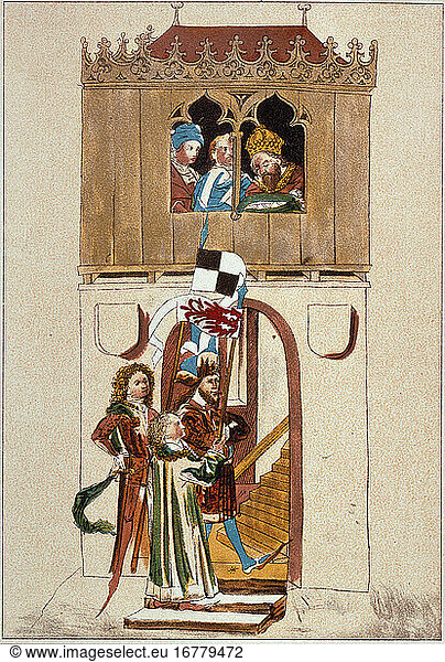 Frederick I of Hohenzollern 1371 – 1440 Elector of Brandenburg (as Frederick I) from 1415 until his death. Emperor Sigismund presenting the Kurmark (Imperial State held by the margraves of Brandenburg) to Frederick I during the Council of Constance (18th April 1417).Illuminated manuscript  15th Century.From: Chronicle of the Council of Constance by Ulrich v. Richental Rosengartenmus.  Ms. 1 (later edition).