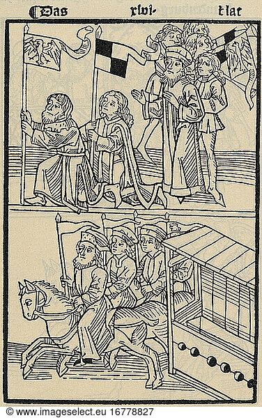 Frederick I of Hohenzollern 1371 – 1440 Elector of Brandenburg (as Frederick I) from 1415 until his death. Frederick I Made Elector of Brandenburg at the Council of Constance 18.4.1417 (Frederick I  top left).Woodcut  1483.From: Ulrich von Richental  Chronicle of the Council of Constance  Augsburg (A.Sorg) 1483.