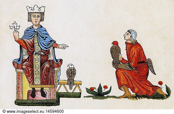 Frederick II  26.12.1194 - 13.12.1250  Holy Roman Emperor 22.11.1220 - 13.12.1250  full length  with his falconer  title page of Frederick`s manuscript on falconry  chromolithograph  19th century