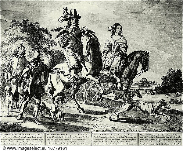 Frederick William 
1620 – 1688 
Elector of Brandenburg and Duke of Prussia  thus ruler of Brandenburg-Prussia  from 1640 until his death in 1688. Friedrich Wilhelm with his wife Louise Henriette of Orange (1627–1677) at a hunt. Copper engraving by Cornelis van Dalen the Elder 
(c.1602–1665) after Jacob Martsen (1580–after 1646).