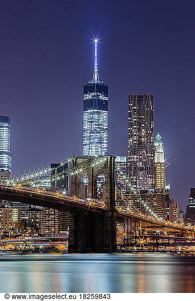 Freedom Tower with Brooklyn Bridge and 8 Spruce Night Photography
