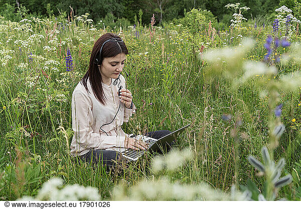 Freelancer talking on headset and working over laptop in meadow