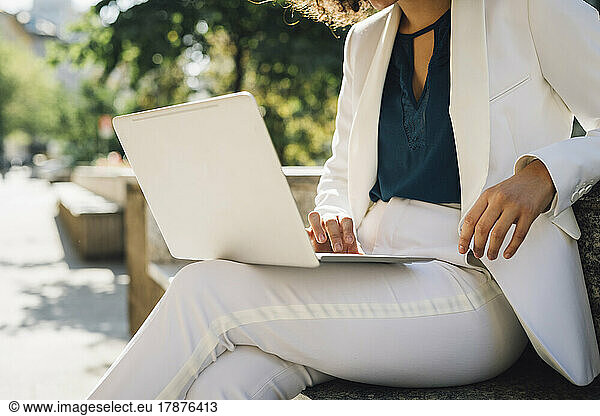 Freelancer using laptop sitting on bench