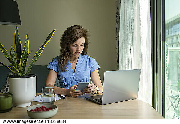 Freelancer using smart phone at desk in home office