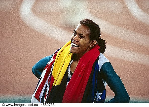 Freeman Cathy  * 16.2.1973  austr. Sportlerin (Leichtathletik)  Halbfigur  bei den Olympischen Spielen  Sydney  2000 Freeman Cathy, * 16.2.1973, austr. Sportlerin (Leichtathletik), Halbfigur, bei den Olympischen Spielen, Sydney, 2000,