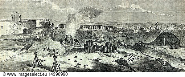French invervention in Mexico: Battle of Puebla  5 May 1862 (Battle of Cinco de Mayo). The French under General Charles Lorencez were decisively by the Mexican army under General Ignacio Zaragoza. French mortar battery receiving incoming fire.