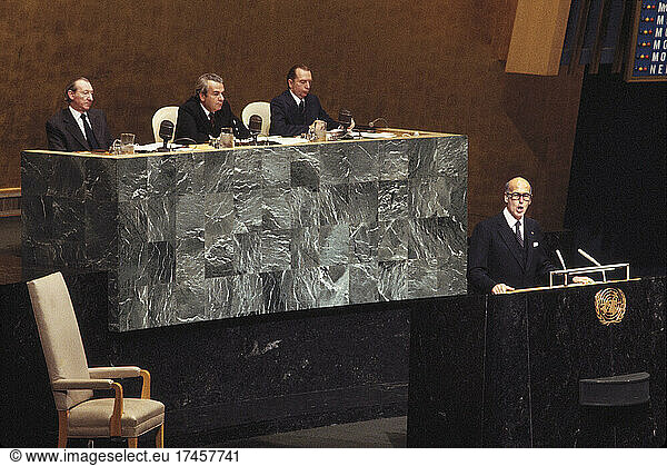 French President Valery Giscard d'Estaing  addressing United Nations General Assembly  New York City  New York  USA  May 24  1978