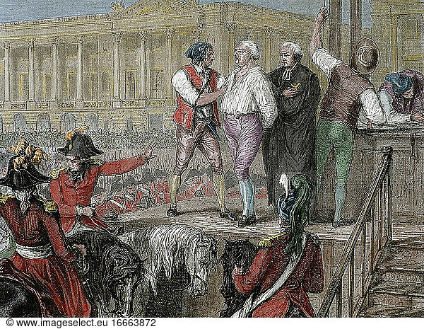 French Revolution. Execution of King Louis XVI (1754-1793) on January 21  1793. Paris. Colored engraving.