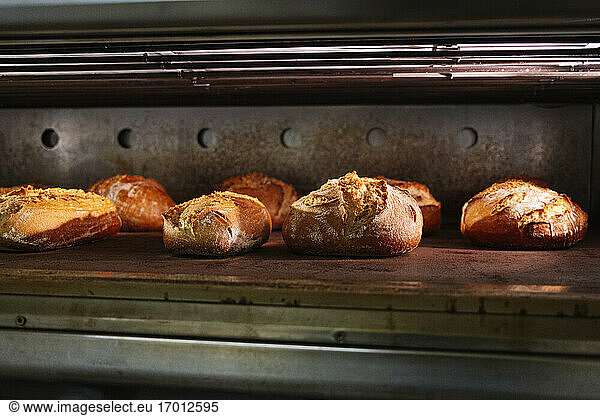 Fresh baked breads in oven at commercial kitchen