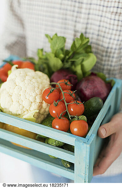 Fresh cherry tomatoes and cauliflower in crate held by man